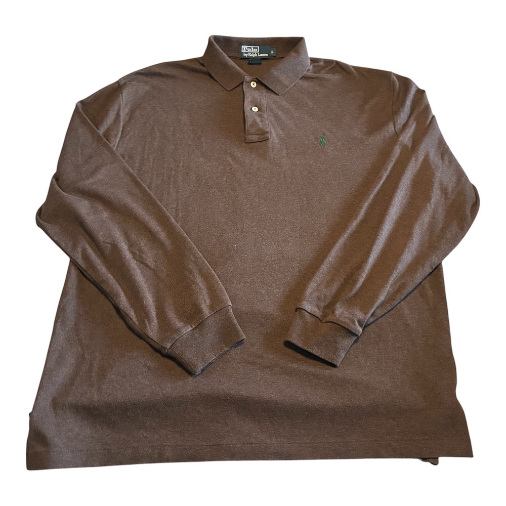 Polo Ralph Lauren Mens Brown Long Sleeve Polo Shirt Embroidered Pony Logo Large - Picture 2 of 5
